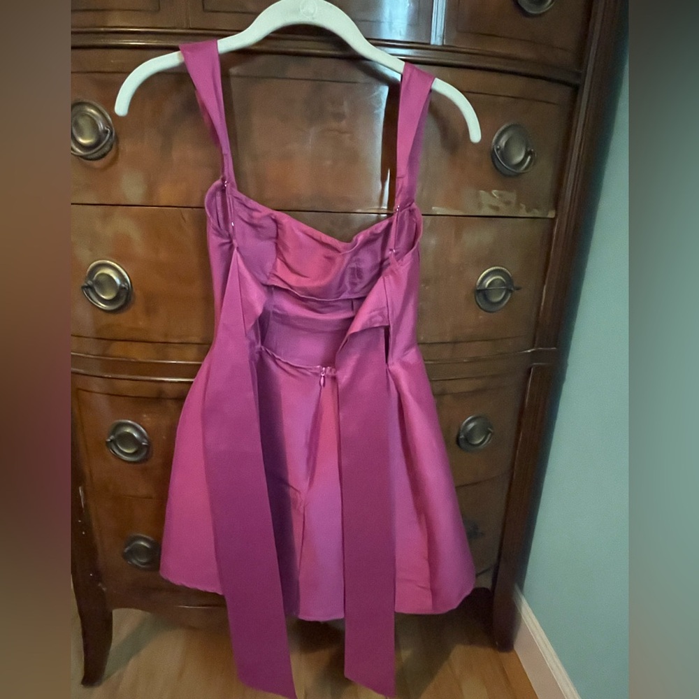 Magenta Pink Lucy in the Sky Mini Dress, fit and flare with bow tie back detail - Picture 2 of 3